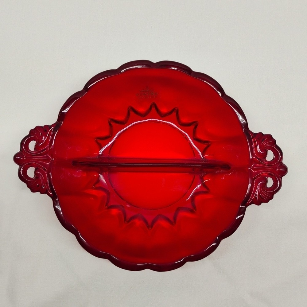 Viking Glass Red Ruby Sectioned Candy‎ Trinket Dish Bowl Original Sticker